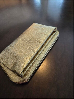Vintage 80's Metallic Gold Foldover Clutch Attached Coin Purse Retro Lining Glam